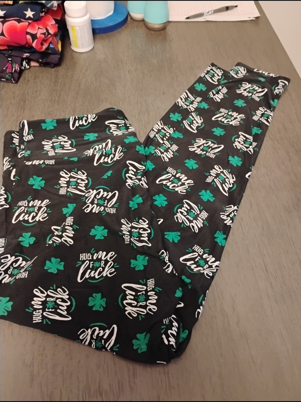 LuLaRoe Black Leggings with Green Shamrock & White Script